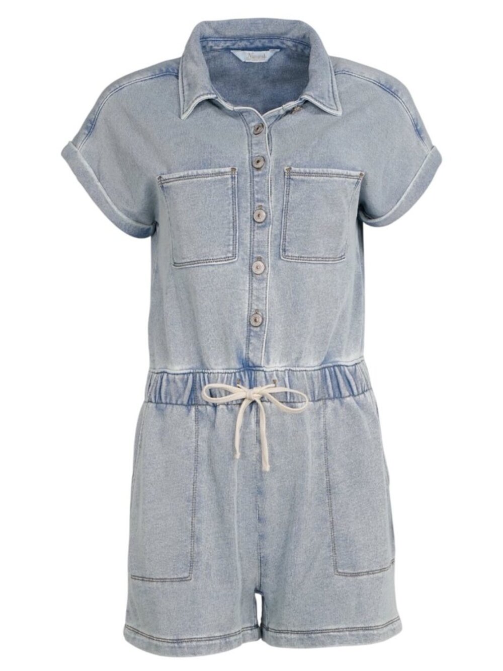 Natural Reflections M  Knit Denim Romper Adjustable Drawstring Waist Comfort